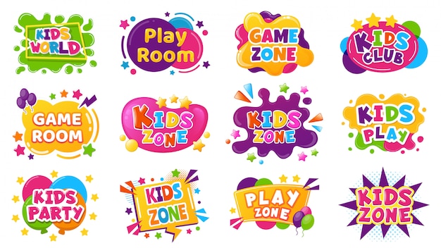 Kids entertainment badges. game room party labels, children education and entertainment club element