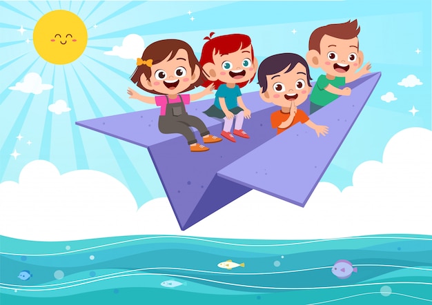 Kids fly paper plane Premium Vector