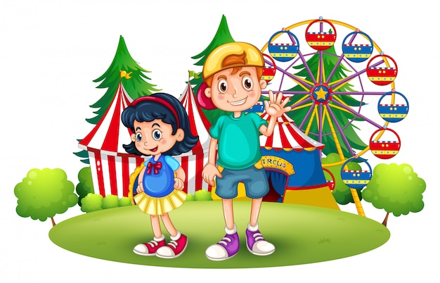 Kids in front of the fair | Free Vector