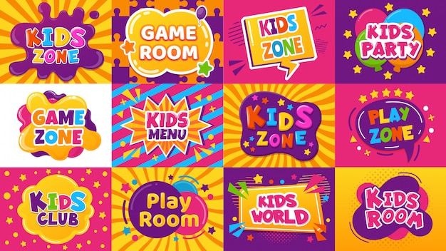 Kids game zone banner. children game party posters, kid play area, entertainment, education room. ba
