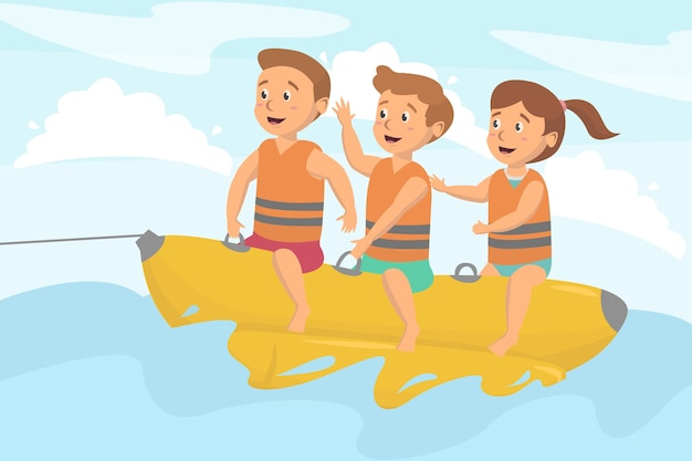 子供たちは楽しい乗りバナナラバーボートのコンセプトイラスト プレミアムベクター