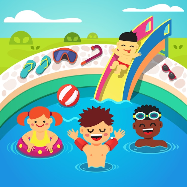 Kids having a pool party. happy swimming Free Vector