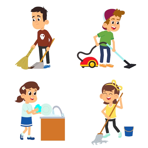 Premium Vector | Kids helping their parents with the housework