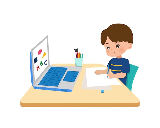 Premium Vector Kids Home Schooling Concept Online Education At Home In The Middle Of Corona Pandemic Little Boyusing Laptop For Online School In New Normal Era Flat Style Isolated On White