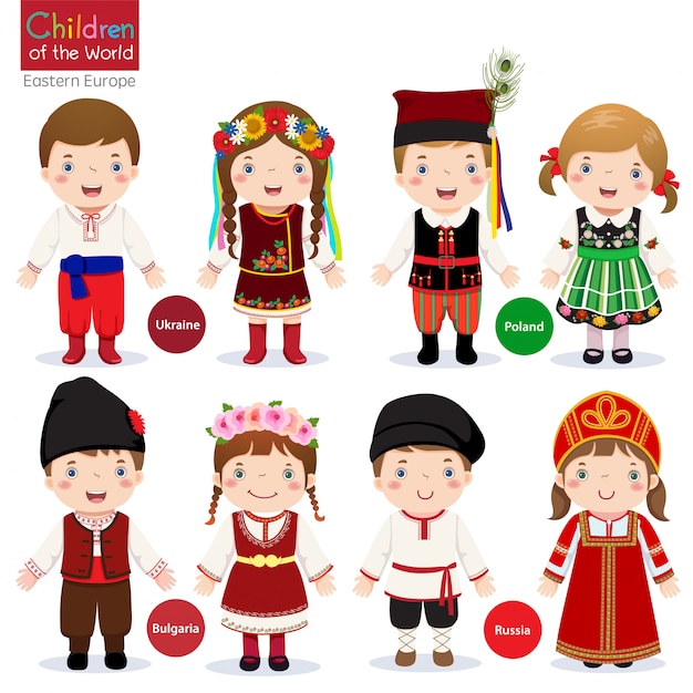 さまざまな伝統的な衣装を着た子供たち ウクライナ ポーランド ブルガリア ロシア プレミアムベクター