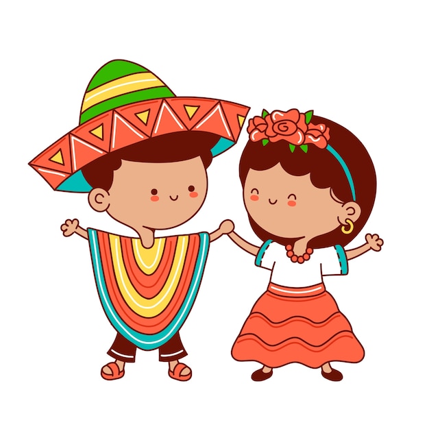 メキシコの伝統的な衣装の子供たち ベクトルフラットライン漫画かわいいキャラクターイラストアイコン 分離されました メキシコの男の子と女の子のコンセプト プレミアムベクター