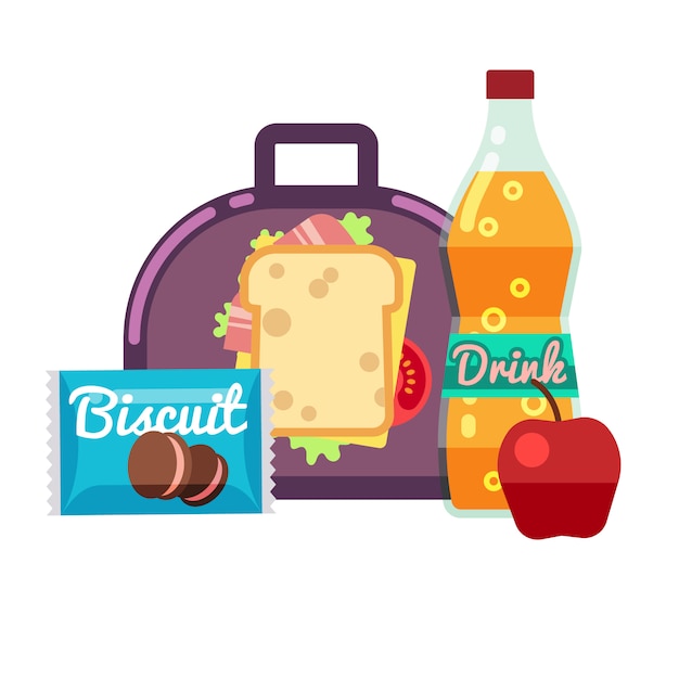 Kids lunch box, bag with snacks, meal and beverages stock. lunchbox sandwich, drink with apple Premium Vector