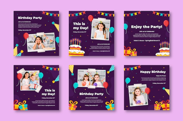 Free Vector | Kids party birthday instagram posts