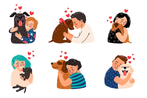 犬をかわいがる子供たち 犬のペットのイラストを抱き締める子供たち 子犬のイメージで幸せな女の子と笑顔の男の子 家畜をなめる動物と遊ぶ所有者の親友 プレミアムベクター