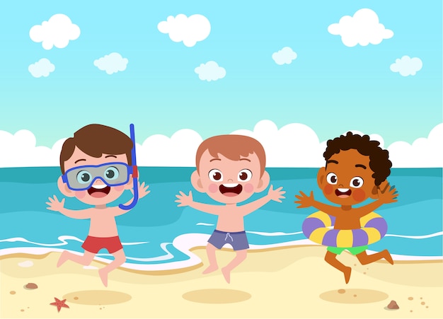  Kids  play at the beach  illustration Premium Vector