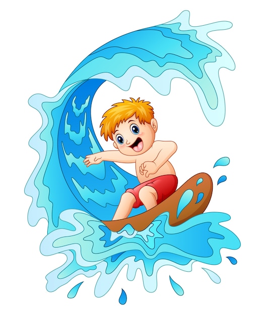 Premium Vector | Kids play surfing with big wave