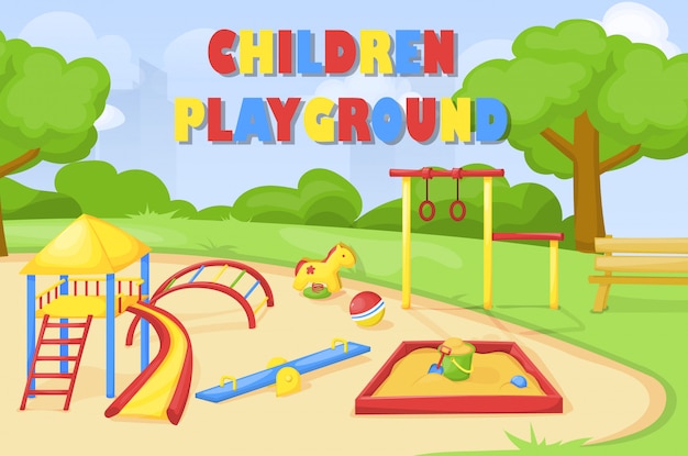 Premium Vector | Kids Playground. Park And Playground Cartoon Illustration.