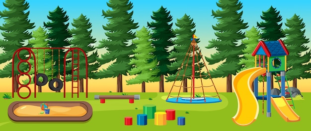 Kids playground in the park with many pines at daytime