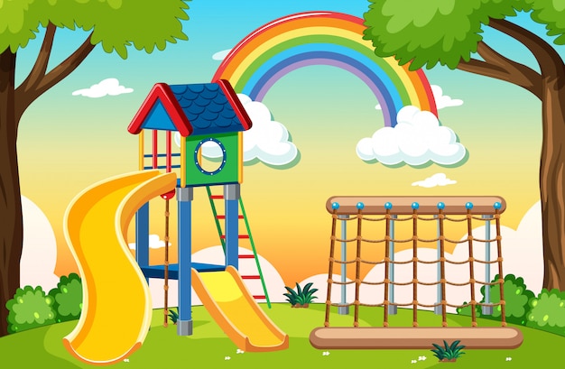 Cartoon Playgrounds / Kids playground in the park with big moon in the