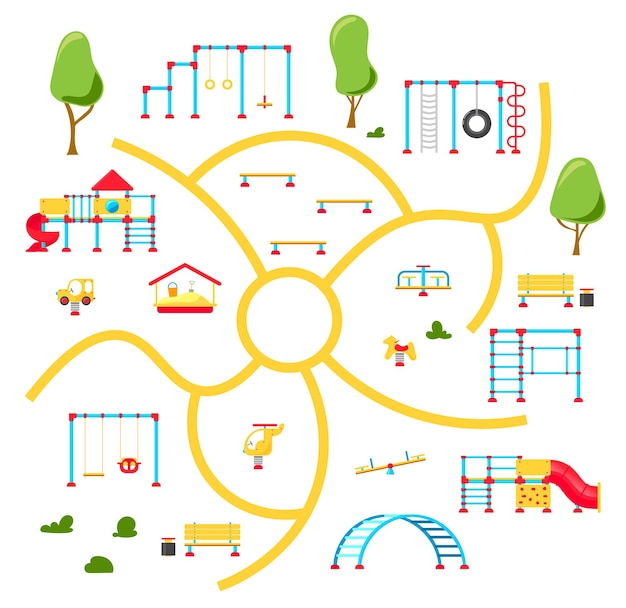 子供の遊び場 遊具要素のセット 都市公園のコンセプト ベクトルイラスト プレミアムベクター