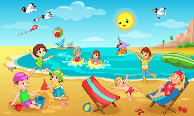 Free Vector | Kids playing on beach illustration