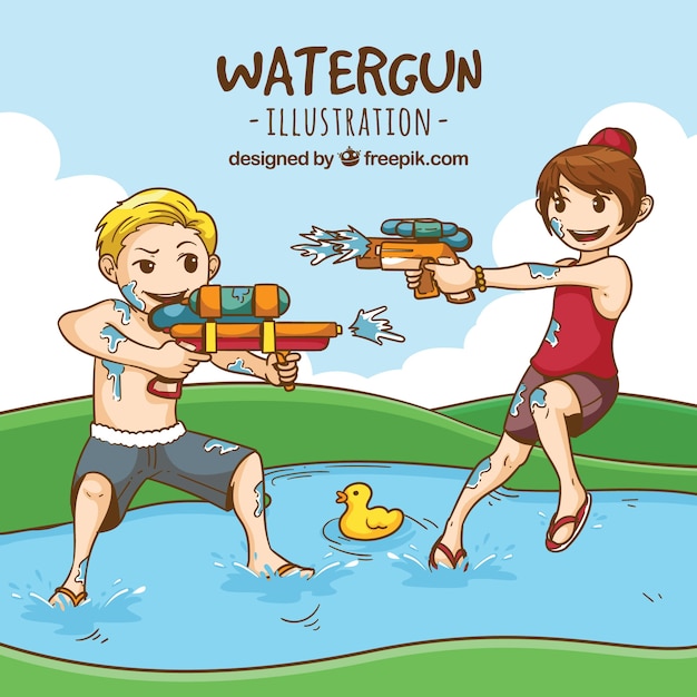 Kids playing in the creek with plastic water guns Free Vector