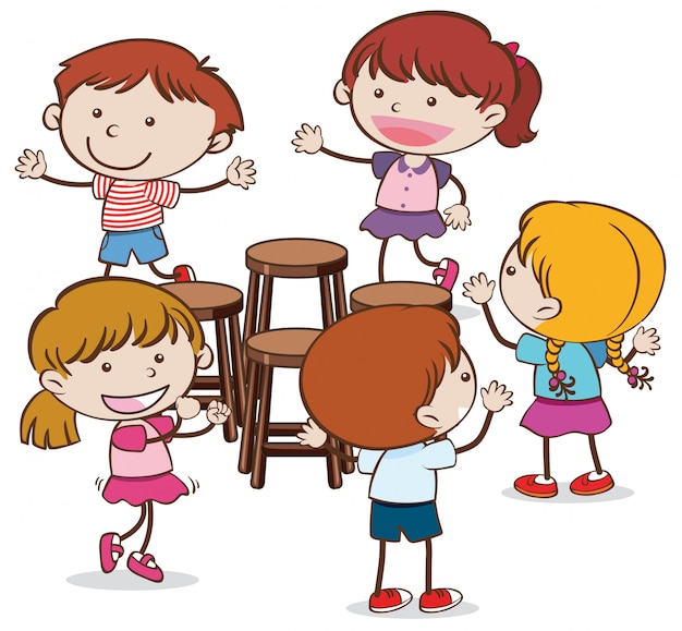Kids Playing Musical Chairs on White Background Vector | Premium Download