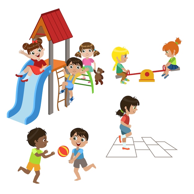 Premium Vector | Kids playing outdoors set