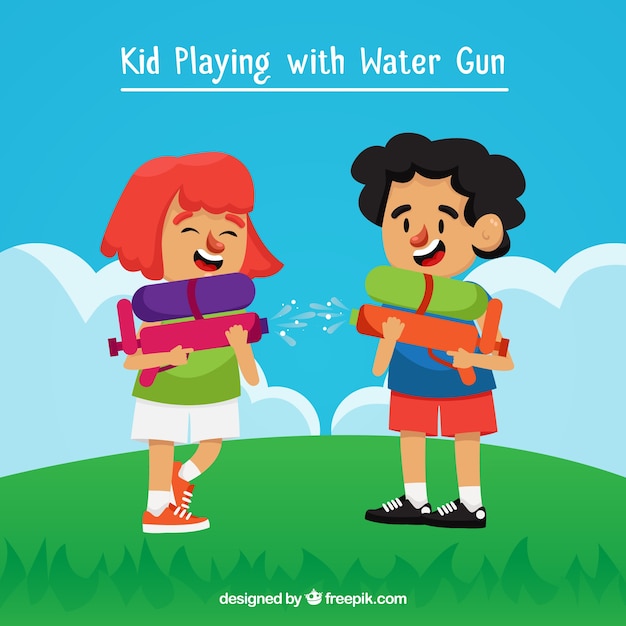 Free Vector Kids Playing In The Park With Plastic Water Guns