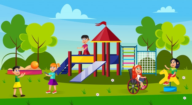 Kids Playing On Playground In Park Childhood Premium Vector