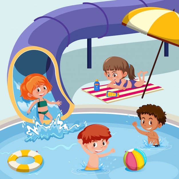 Premium Vector | Kids playing at swimming pool