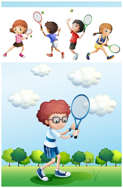 Kids playing tennis in park illustration