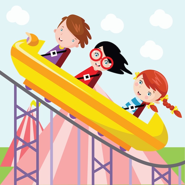 Kids ride roller coasters cartoon illustration | Premium Vector