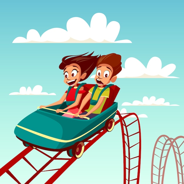 Kids on rollercoaster rides. boy and girl riding fast on rollercoaster. Free Vector