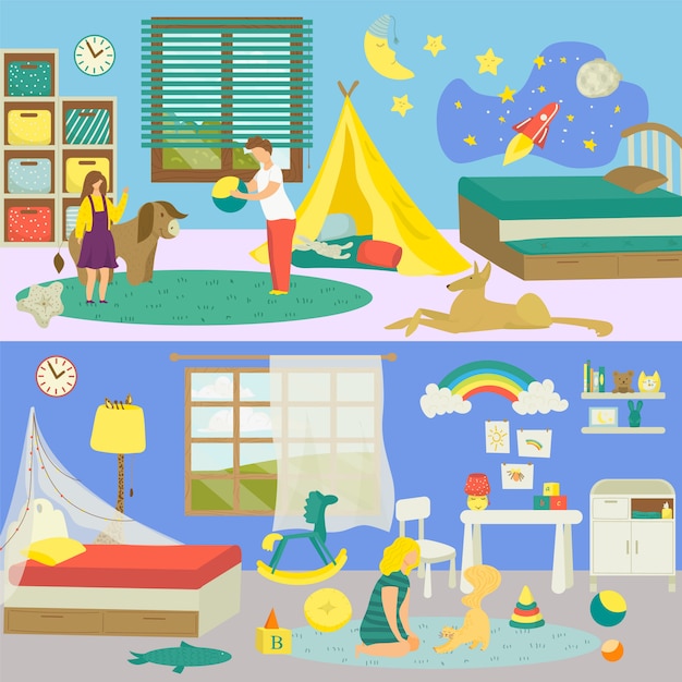 動物のペットのイラストが子供部屋のインテリア 国内の背景 自宅で少し面白い猫犬でかわいい男の子の女の子人 若い赤ちゃんの家の寝室 おもちゃのゲームでレジャー プレミアムベクター