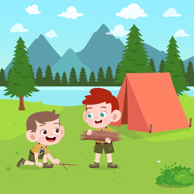 Premium Vector | Kids scouts at camp illustration