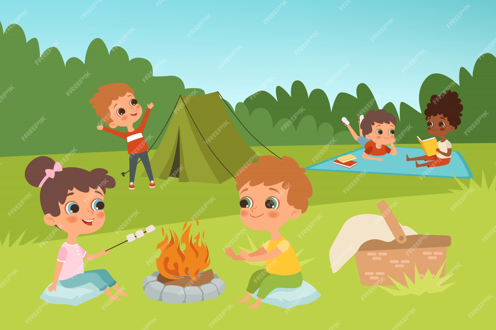 Premium Vector | Kids summer camp background with children characters ...