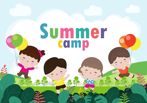 Premium Vector | Kids summer camp banner with happy children doing ...