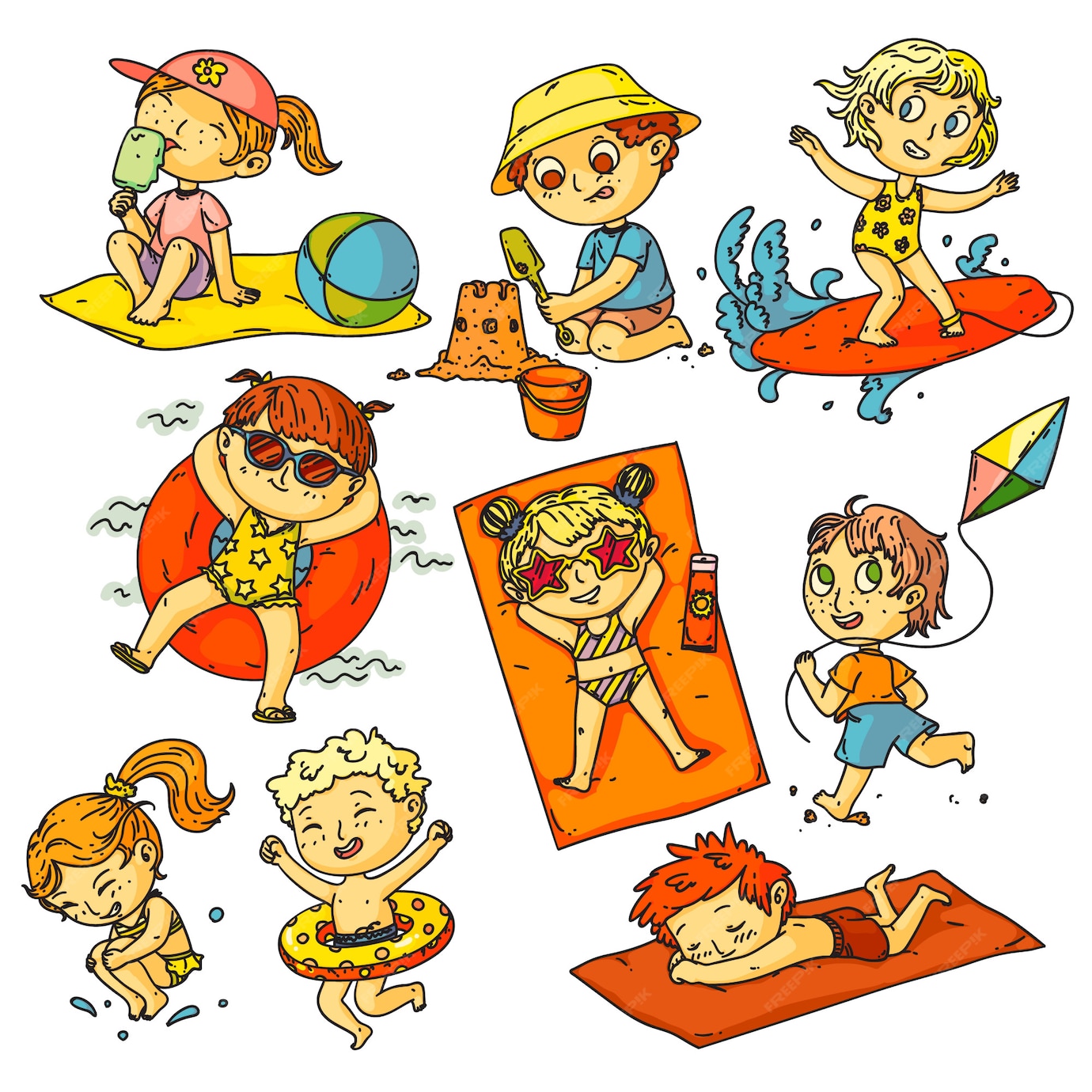 premium-vector-kids-summer-vacation-children-beach-activities-set