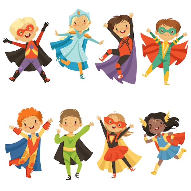 Premium Vector | Kids in superhero costumes. funny characters isolated