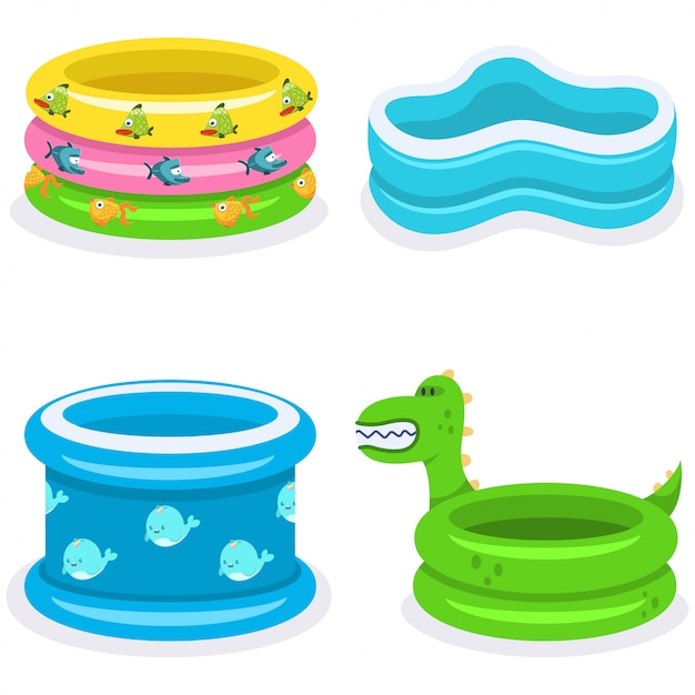 Kids swimming pools cartoon flat icons set isolated on white | Premium