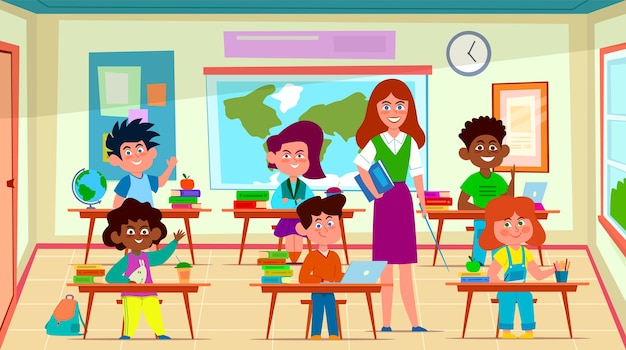 Premium Vector | Kids and teacher in classroom. school pedagogue ...