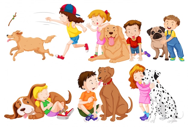 Premium Vector | Kids and their pet dogs illustration