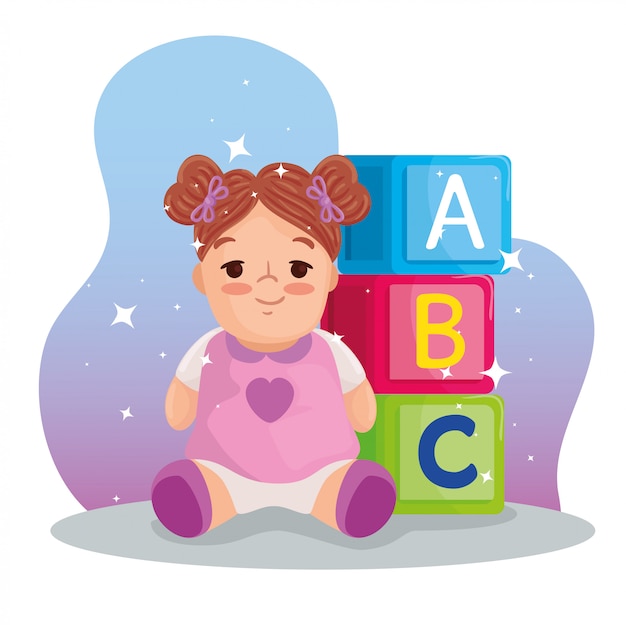 子供のおもちゃ 文字a B Cのかわいい人形とアルファベットキューブベクトルイラストデザイン プレミアムベクター