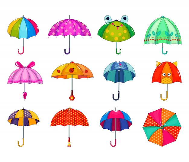 子供傘ベクトル幼稚な傘形の雨の保護を開き 子供は分離された子供用保護カバーの日傘のイラストセットを点線 プレミアムベクター