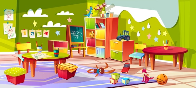 幼稚園または子供の部屋の室内のイラスト 子供のおもちゃと空の漫画の背景 無料のベクター