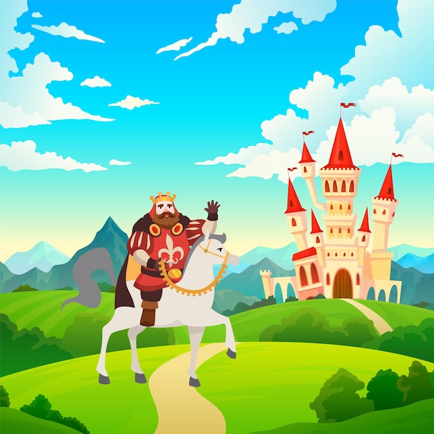 馬に乗った王 王冠と王室の服を着た王子は 中世の邸宅の風景 子供のおとぎ話のイラスト 漫画フラットベクトル画像で馬に乗って城や宮殿に乗ります プレミアムベクター
