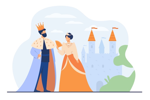 Free Vector King And Queen Standing In Front Of Castle Flat Vector Illustration Cartoon Monarchs As Symbol Of Royal Leadership Government Authority Monarchy And Aristocracy Hierarchy Concept