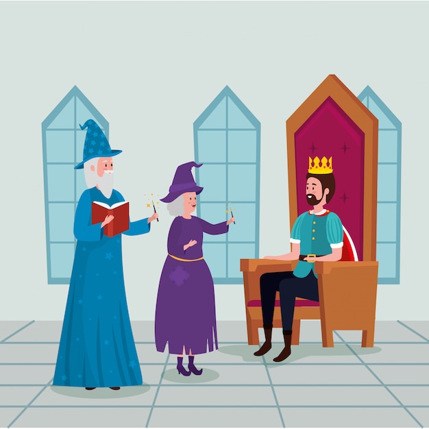 King with wizard and witch in castle Free Vector