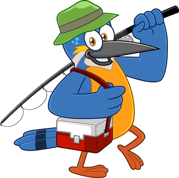 釣り竿と一緒に歩くカワセミの鳥かわいい漫画のキャラクター 図 プレミアムベクター