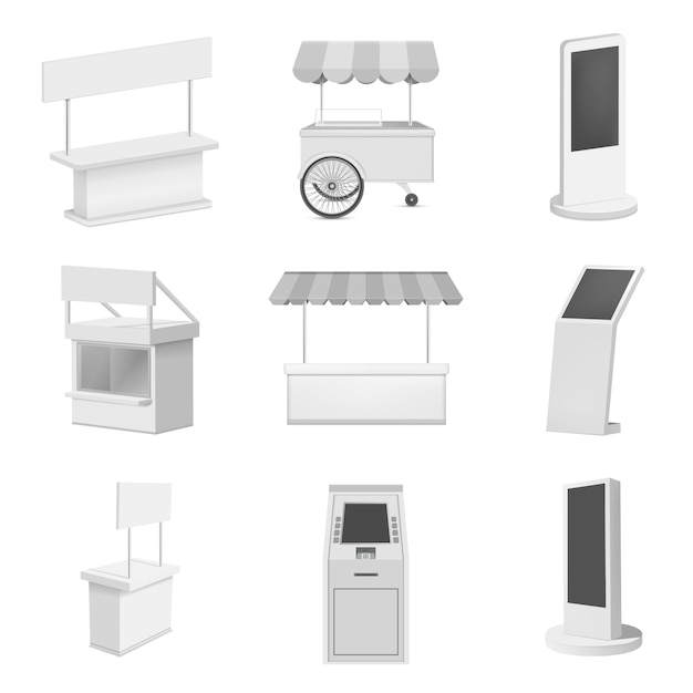 Kiosk stand booth mockup set. realistic illustration of 9 kiosk stand booth mockups for web