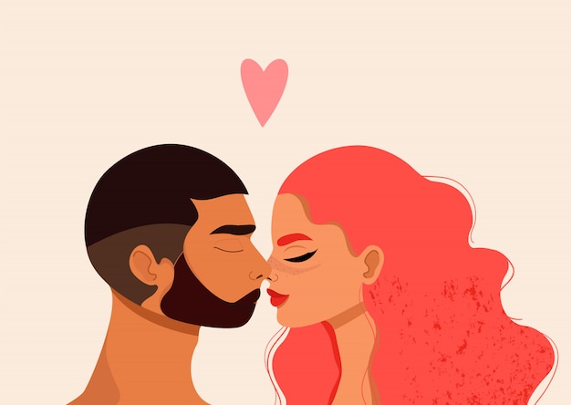 キスカップルイラスト 美しい男性と女性の目を閉じてキスします ロマンスと愛の概念 赤い髪の少女と黒い髪の男 バレンタインのグリーティングカード プレミアムベクター
