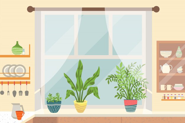 Kitchen Interior Window Sill With Plants Vector Premium