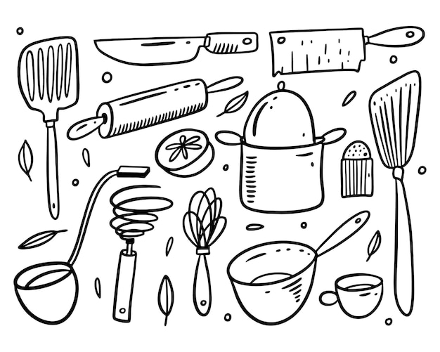 Premium Vector Kitchen Objects Set Icons Hand Draw Doodle Style Isolated
