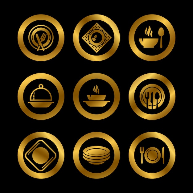 Premium Vector | Kitchen plates and cutlery golden logos isolated